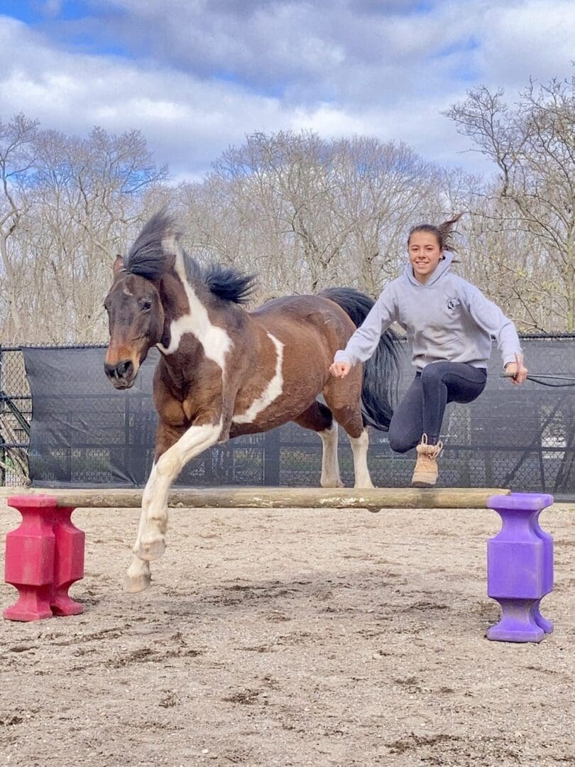 A man jumping over a horse in the dirt.